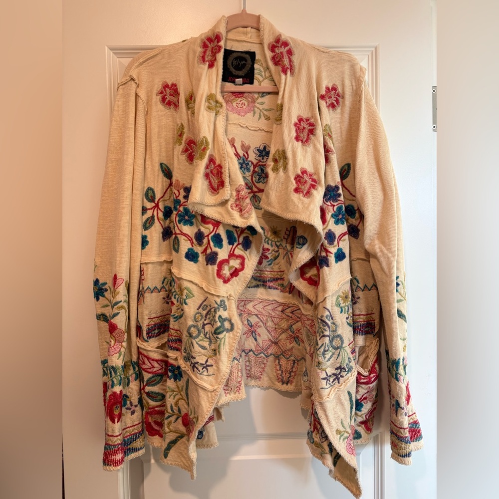 Johnny Was Biya Cream Cardigan with Floral Embroidery-Limited Edition